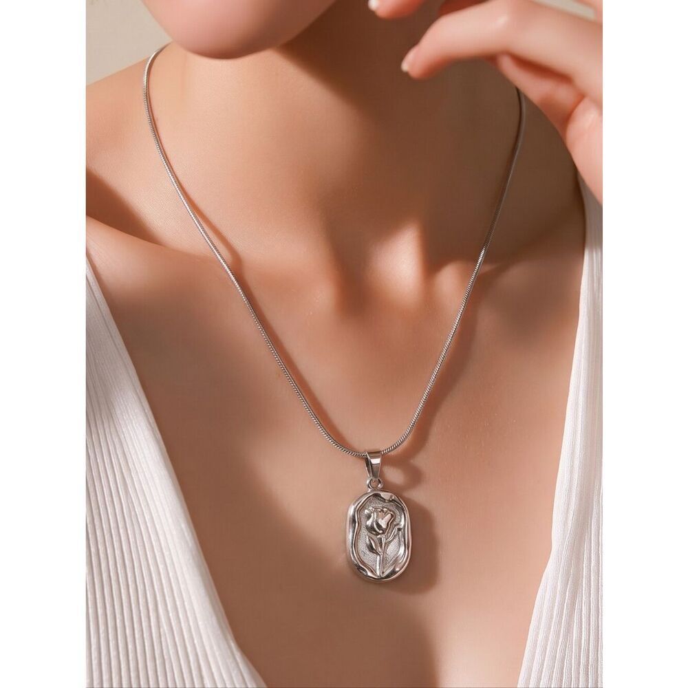 Silver Tulip Oval Medallion Pendant Necklace Elegant Stainless Steel Snake Chain